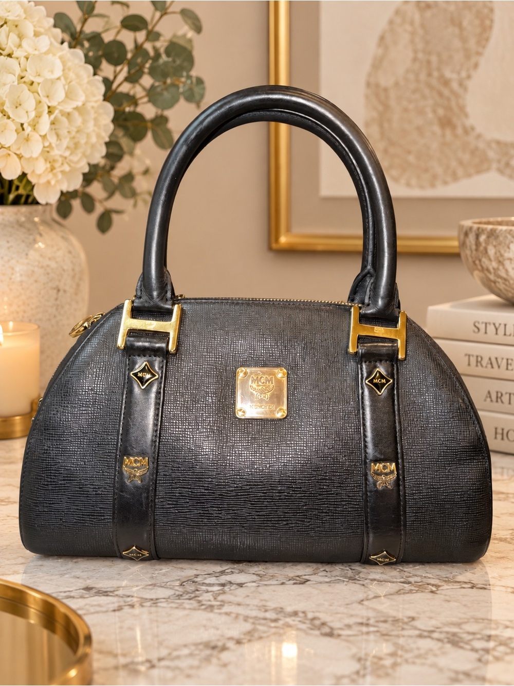 Vintage MCM Black Leather Boston Satchel Barrel Bag Gold Hardware